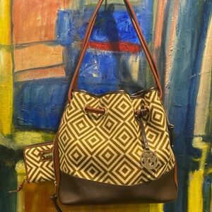 Spartina 449 linen drawstring bag with matching wallet and wristlet 3pcs